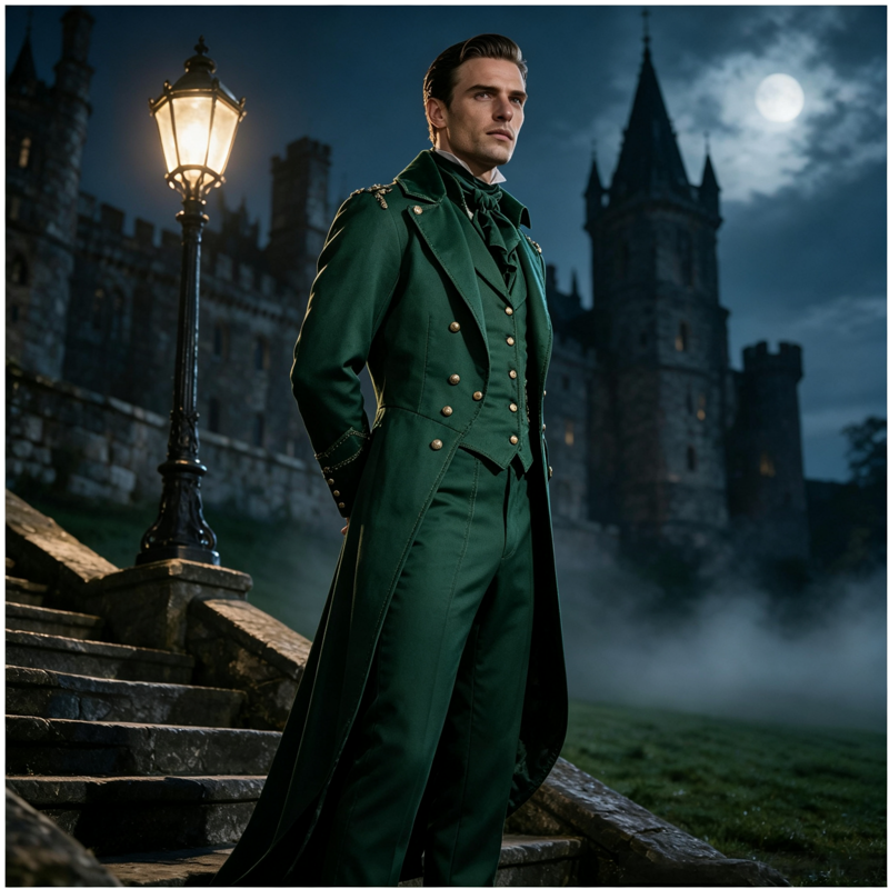 Men's Gothic Tailcoat Jacket, Green XL Medieval Steampunk Costume