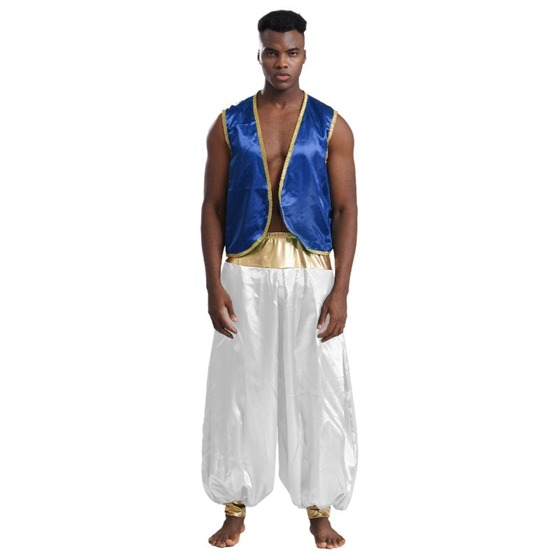 Arabian Prince Costume Open Front Vest & Pants Set - Royal Blue & White, M
