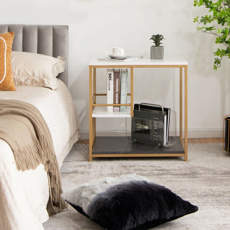3-Tier Side Table with Open Storage - White & Gold