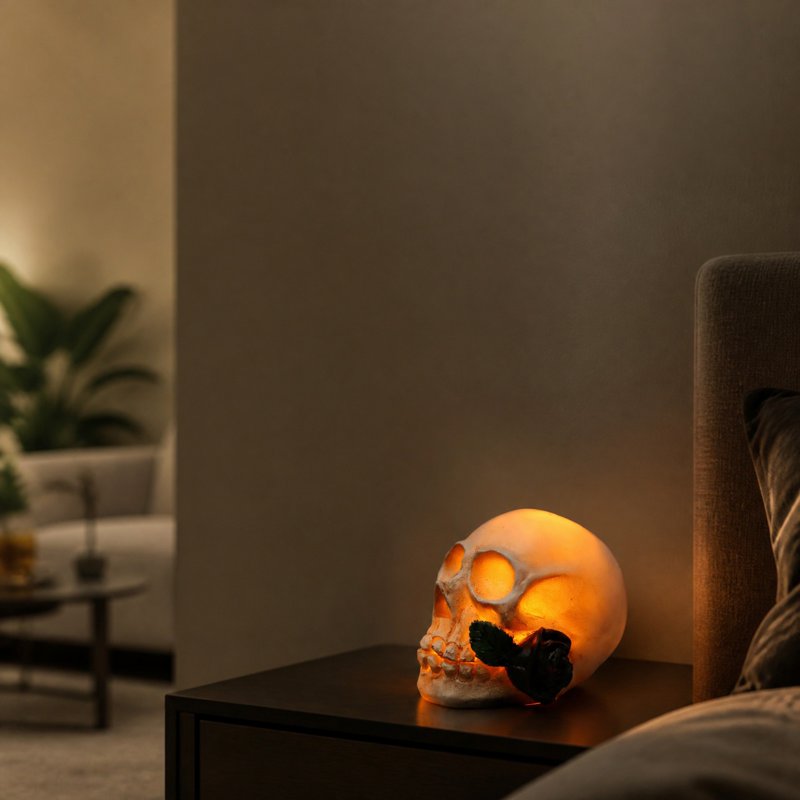 Halloween Skull Rose Lamp - Gothic Resin Nightlight with Warm Glow - Variation #359A