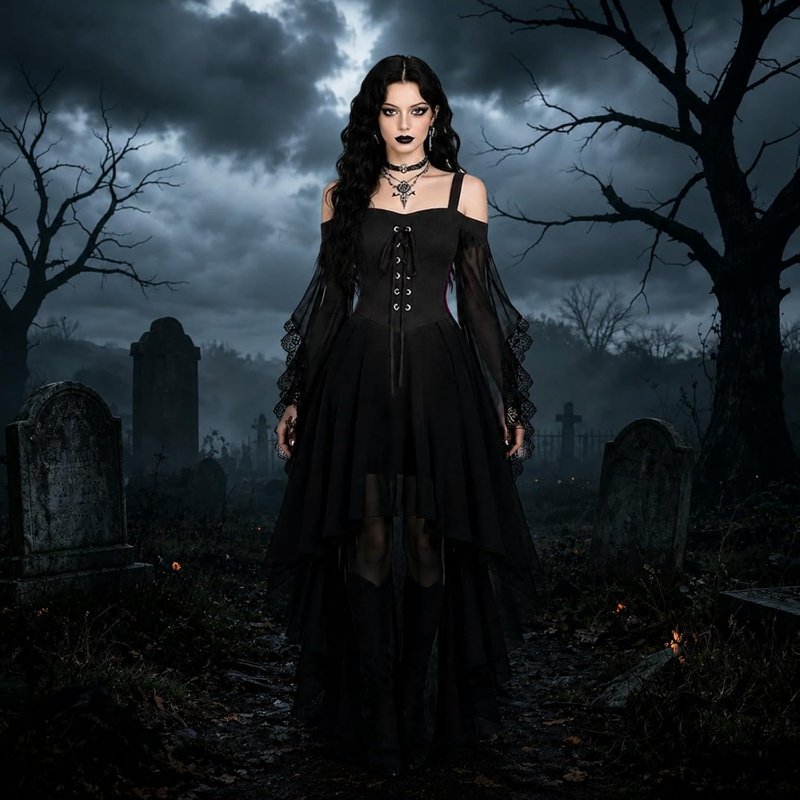Black X-Large Gothic Witch Dress with Butterfly Sleeves Halloween Costume