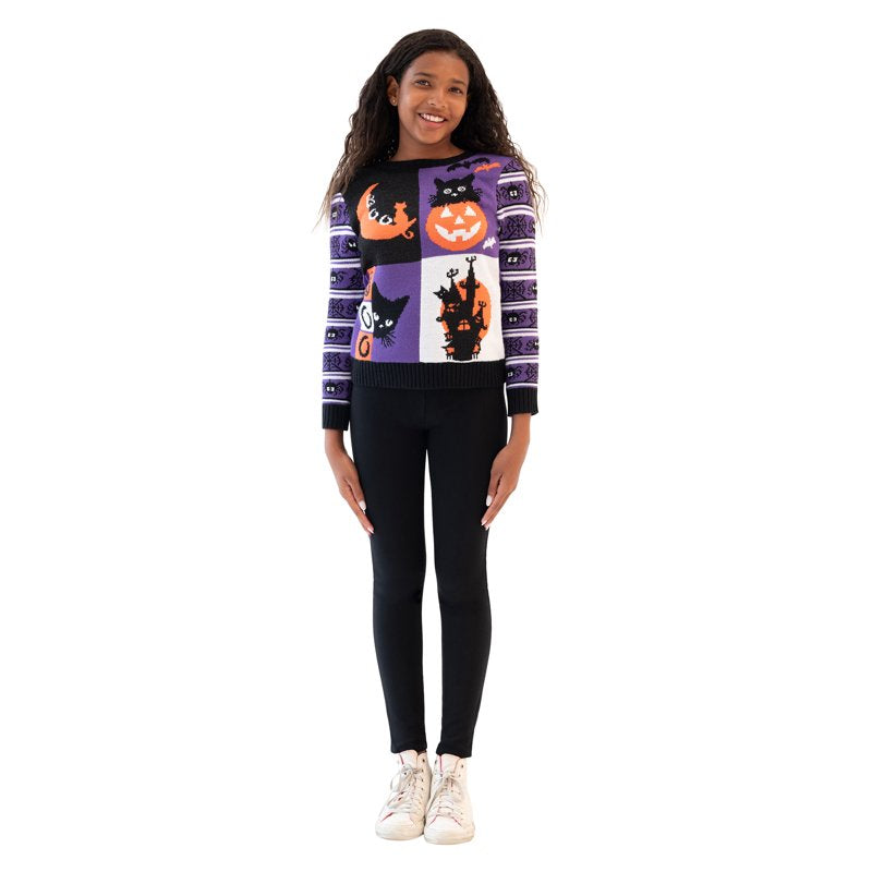 Girls Halloween Colorblock Cats Pullover Sweater - Purple, Size S