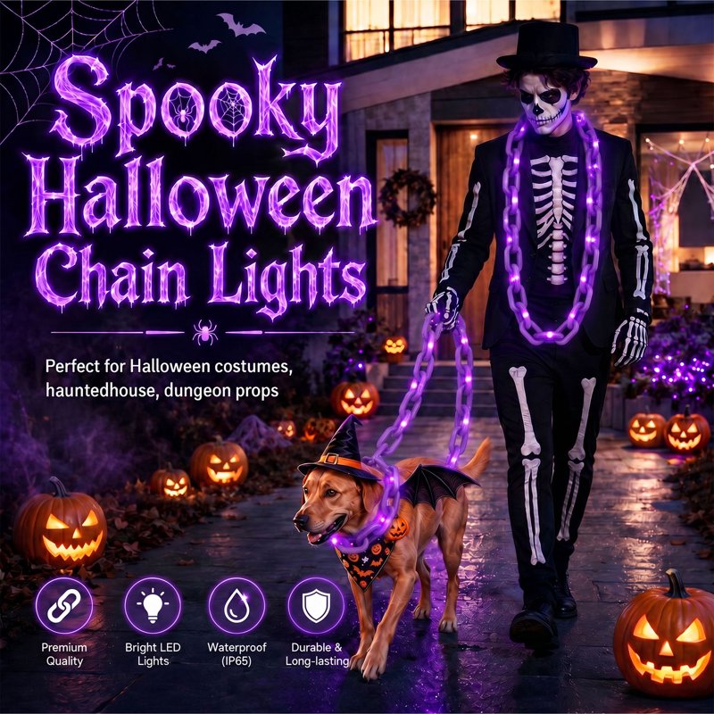 Halloween Chain Lights 10FT Purple Waterproof Battery Operated 8 Modes - Spooky Outdoor Decor