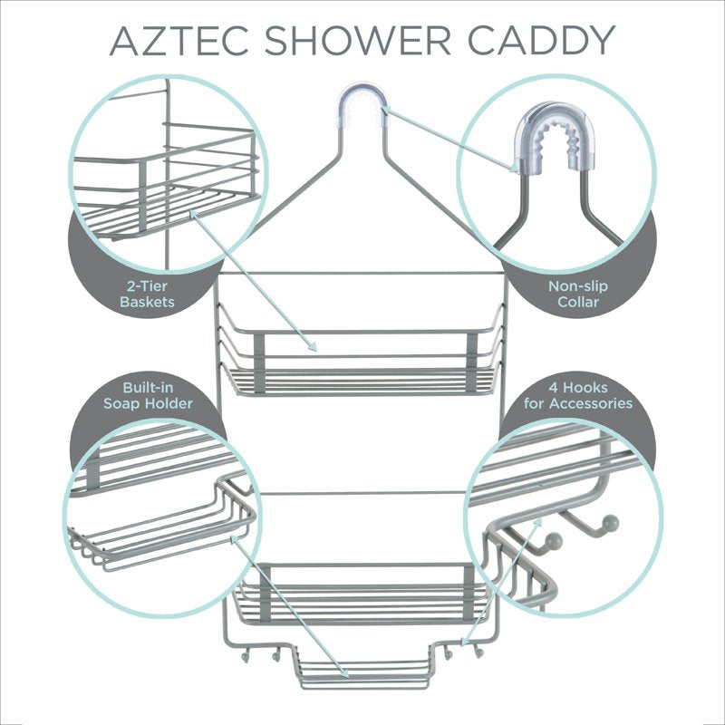 Gray Shower Caddy with 2 Shelves and Hooks - Over-the-Shower Head Storage Organizer