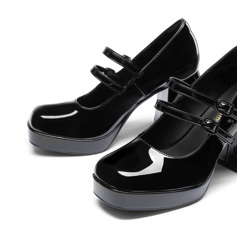 Women’s Y2K Double Strap Platform Mary Jane Heels Black 7 - Chunky Block Heel