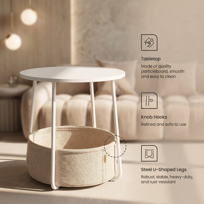 Round Side Table with Fabric Storage Basket - Matte White/Camel Brown