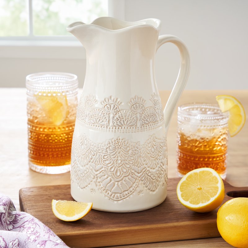 Vintage Lace 9-Inch Ceramic Pitcher - 2-Quart Capacity