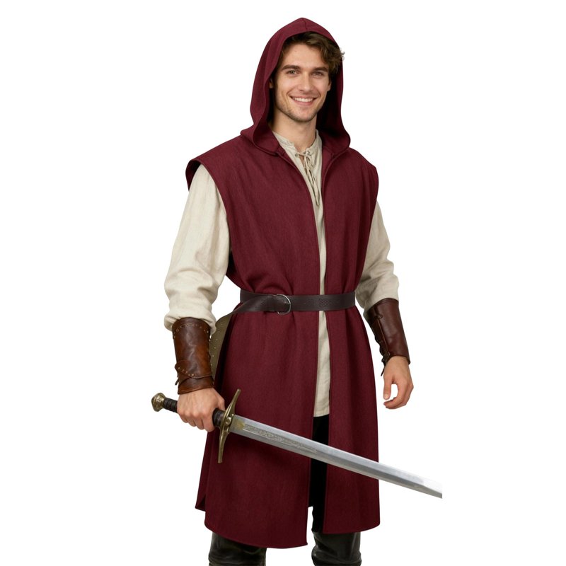 Men's Medieval Viking Cosplay Costume Set with Hooded Robe & Belt - Wine M Variation