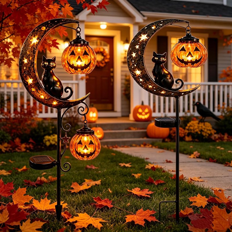 Solar Halloween Black Cat & Pumpkin Moon Garden Stake Light - Outdoor Waterproof Decor A+B