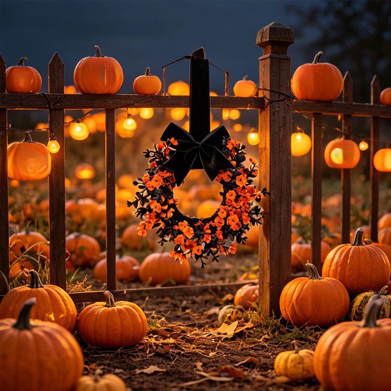 Blue Mini Halloween Wreath - 8.6 Inch Artificial Grapevine Decor with Velvet Bow