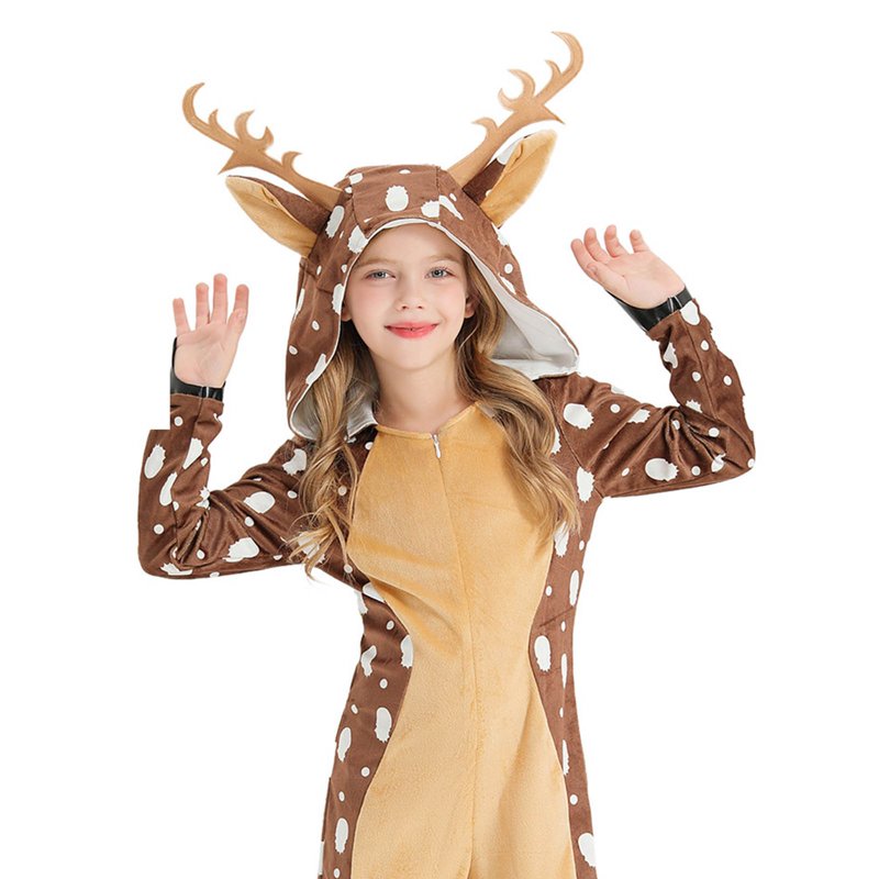 Kids Christmas Deer Jumpsuit - Khaki Toddler Footed Onesie for 3-5 Years