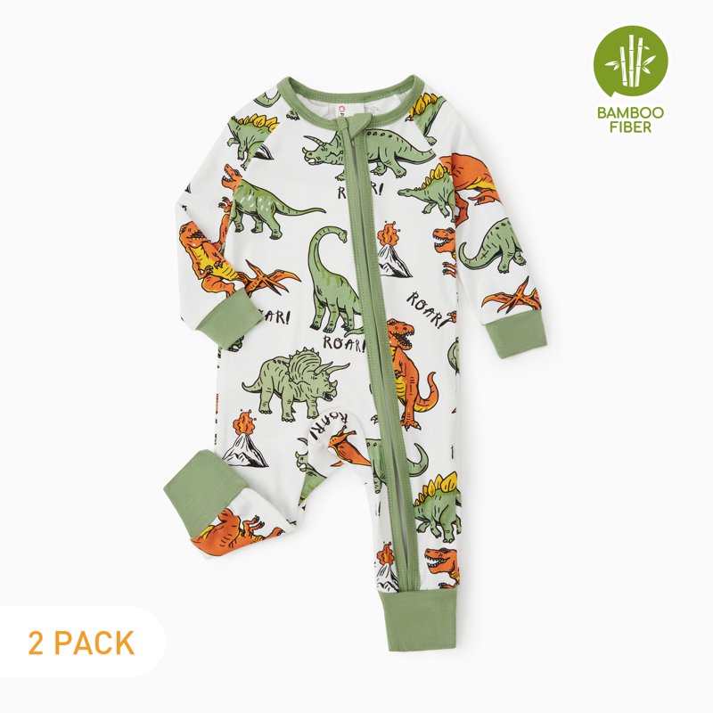 Baby Pajamas 2-Pack Dinosaur Zip Sleep N Play Set for 12-18 Months - Snug Fit, Bamboo Viscose