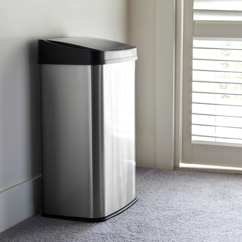 Automatic Kitchen Trash Can - 13.2 Gallon Stainless Steel Bin with Motion Sensor & Soft Close Lid - Black Stainless Steel