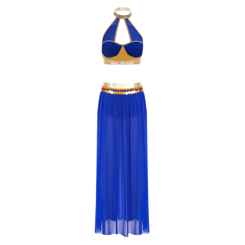 Women's Belly Dance Costume Set - Halter Crop Top & Mesh Skirt with Sequin Tassels, Blue S, 2-Piece