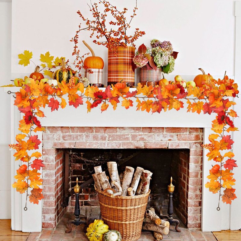 Fall Maple Leaf & Rattan Garland for Holiday Decor - Orange, Variation #05