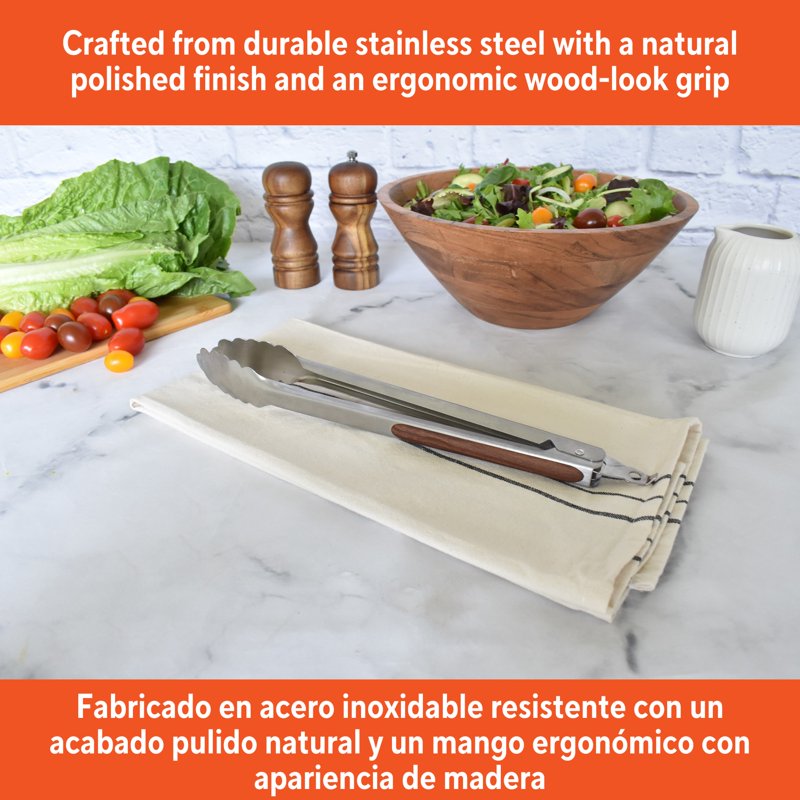 12-Inch Stainless Steel Food Tongs with Wood Look Grip