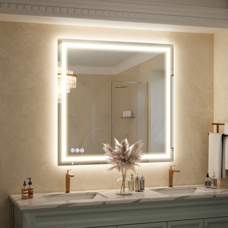 AUROMIR 47x47 Inch LED Bathroom Vanity Mirror with Dimmable 3-Color Modes