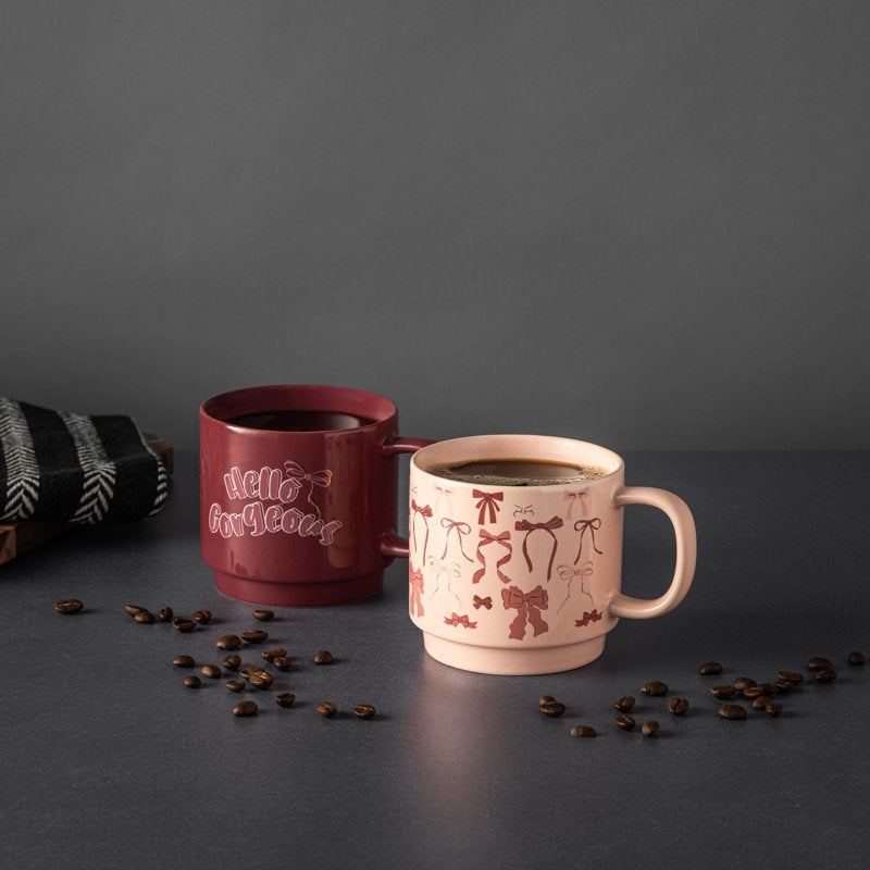 Stacking Mugs Set - Hello Gorgeous & Pink Bows - 14.2 fl oz