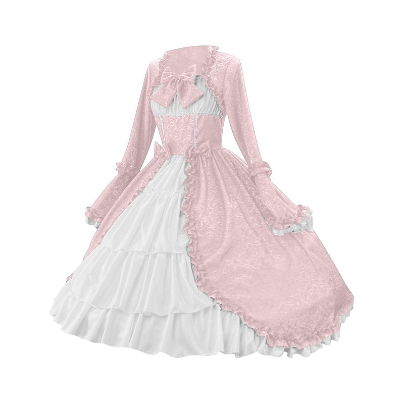 Pink Renaissance Dress Women Vintage Gothic Court Collar Patchwork Bow XL