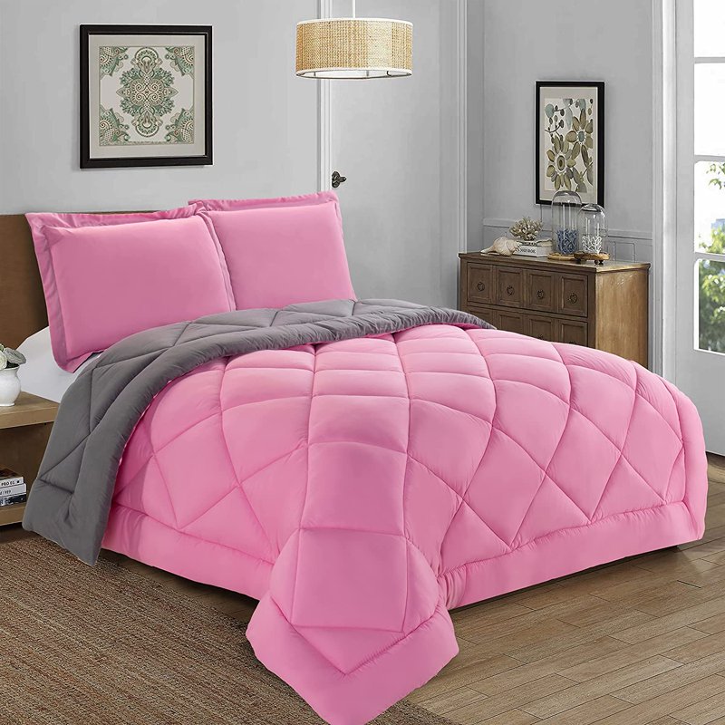 Twin Comforter Set with Shams - 1500 Series Pink/Gray, Reversible Microfiber