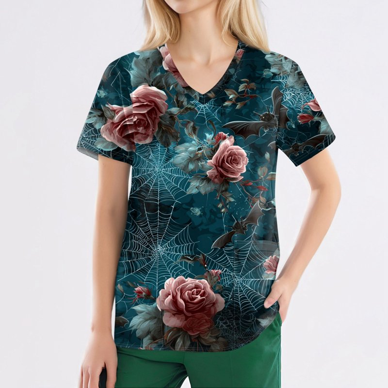 Halloween Nurse Scrubs Set for Women - Plus Size Pumpkin-Head Bat Printed Top - Turquoise XL