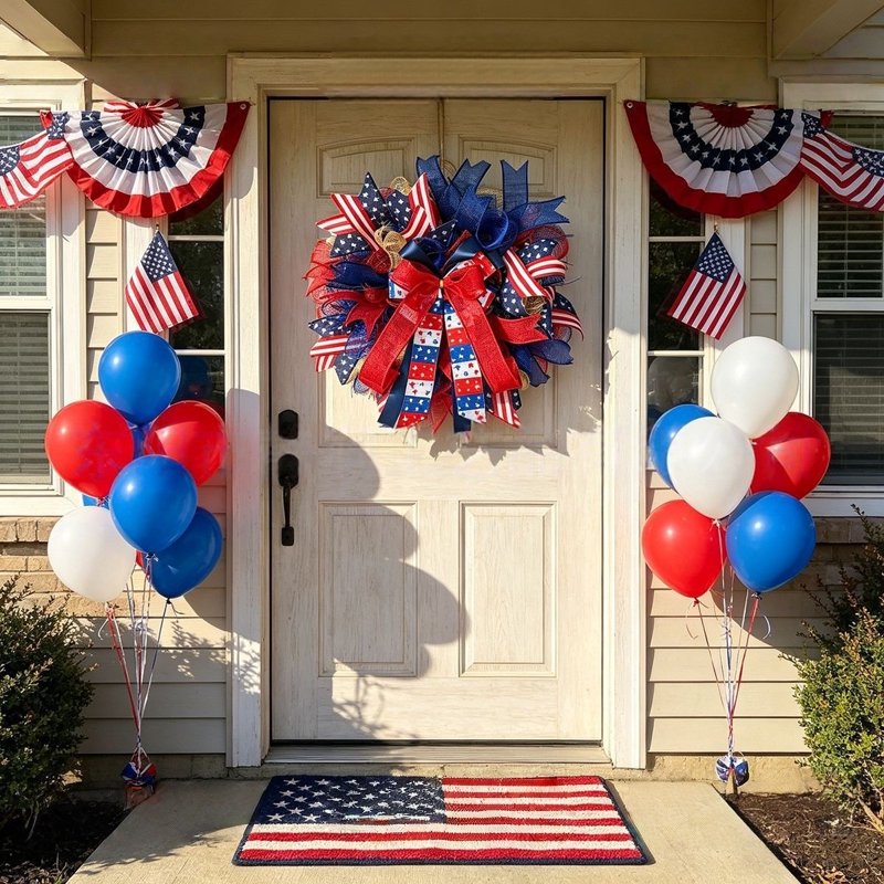 Patriotic 4th of July Wreath for Front Door - Red White Blue Flower Decor - Variation Z0B