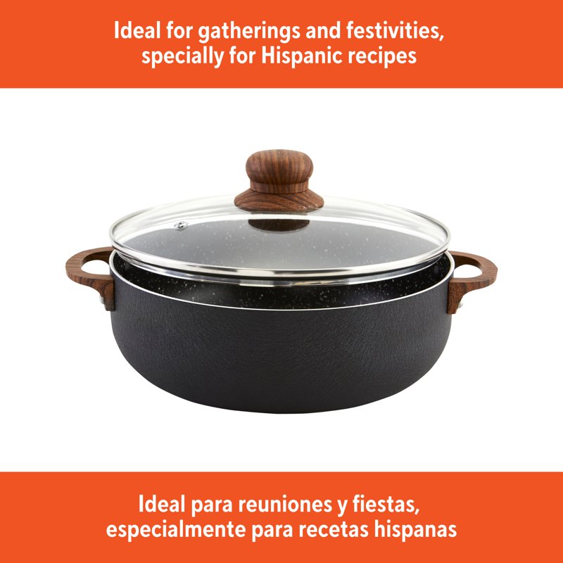 6.9qt Nonstick Aluminum Caldero with Glass Lid & Wood Look Handles