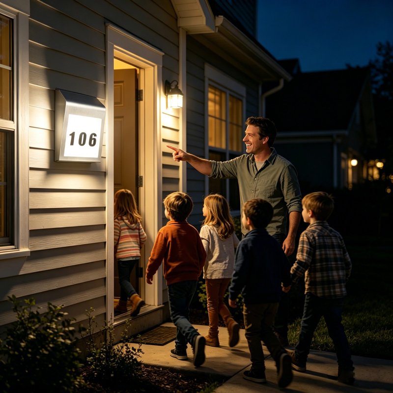 Solar House Number Light with Address Sign - Waterproof Wall Mount, LED Illuminated, Variation H