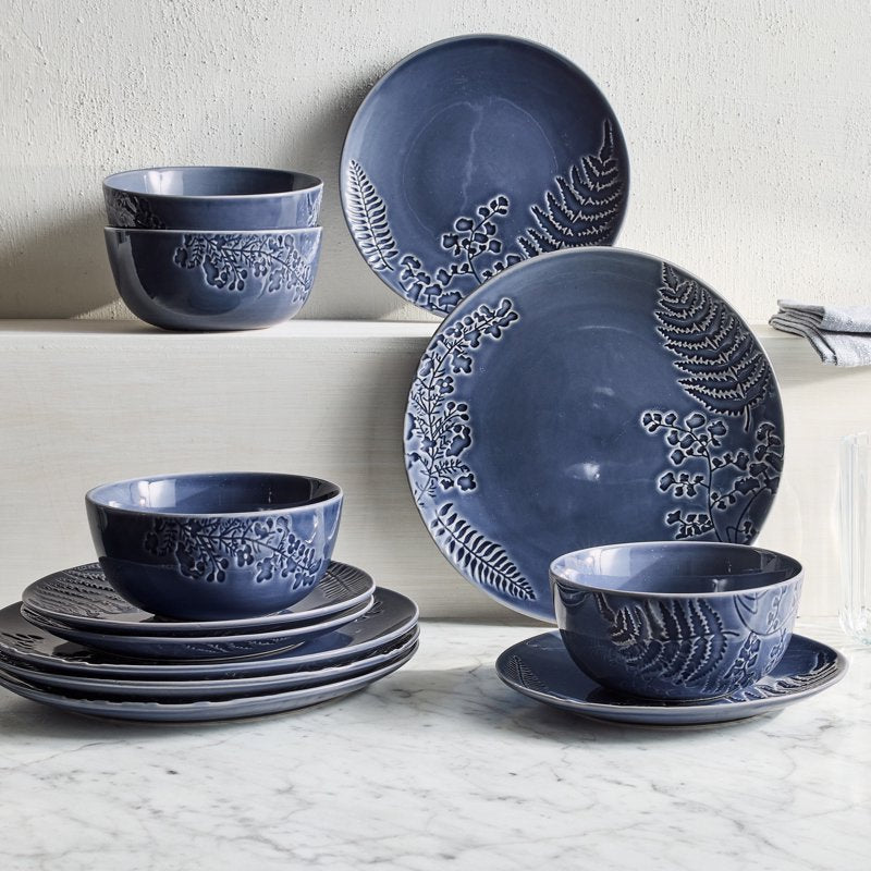 12-Piece Blue Stoneware Dinnerware Set with Botanical Detail