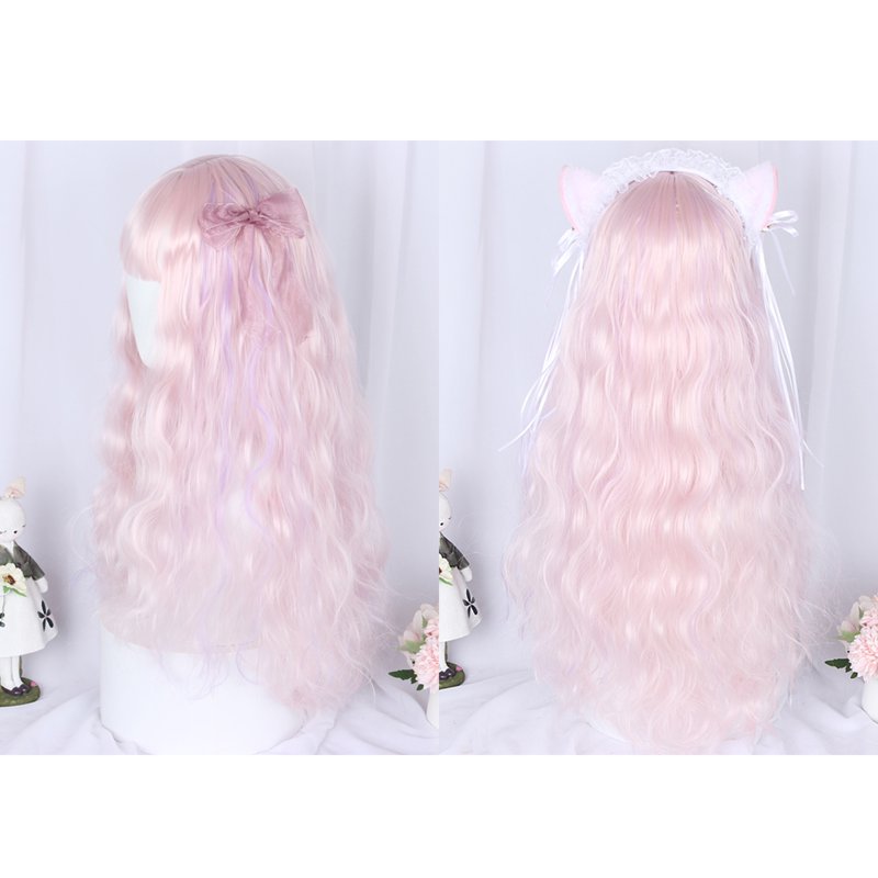 26" Pink Curly Human Hair Wig with Adjustable Cap