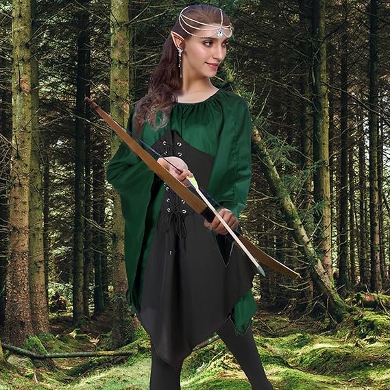 Women Elf Costume Set with Medieval Dress, Elf Ears, Crown & Stockings - Size L