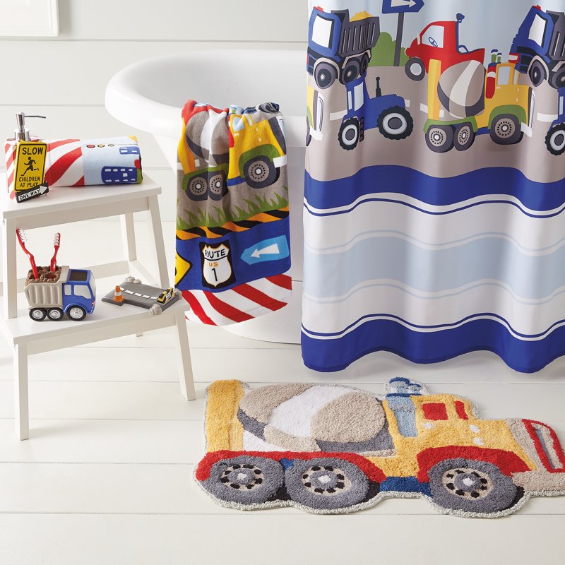 Children's Embroidery Bath Rug with Trains and Trucks - Cotton, Yellow, 20x30 Inches