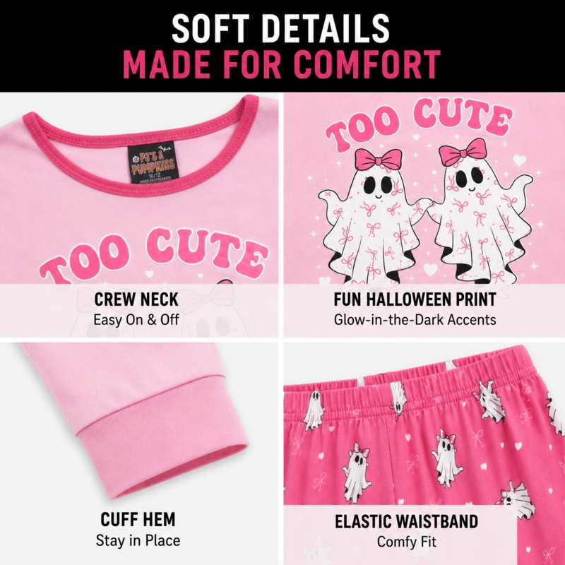 Pink Too Cute Girls Halloween Pajamas Set - 2T-12, Long Sleeve & Pants, 5-6