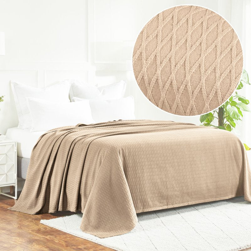 All-Season Cotton Bed Blanket - Twin, Khaki - Superior Diamond Weave