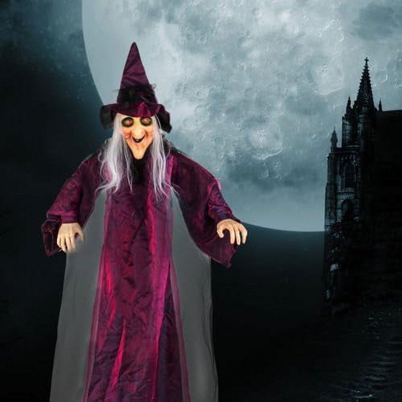 Life Size Talking Halloween Witch Decor with Red Lighted Eyes - Outdoor Haunted House Animatronic 5.9FT