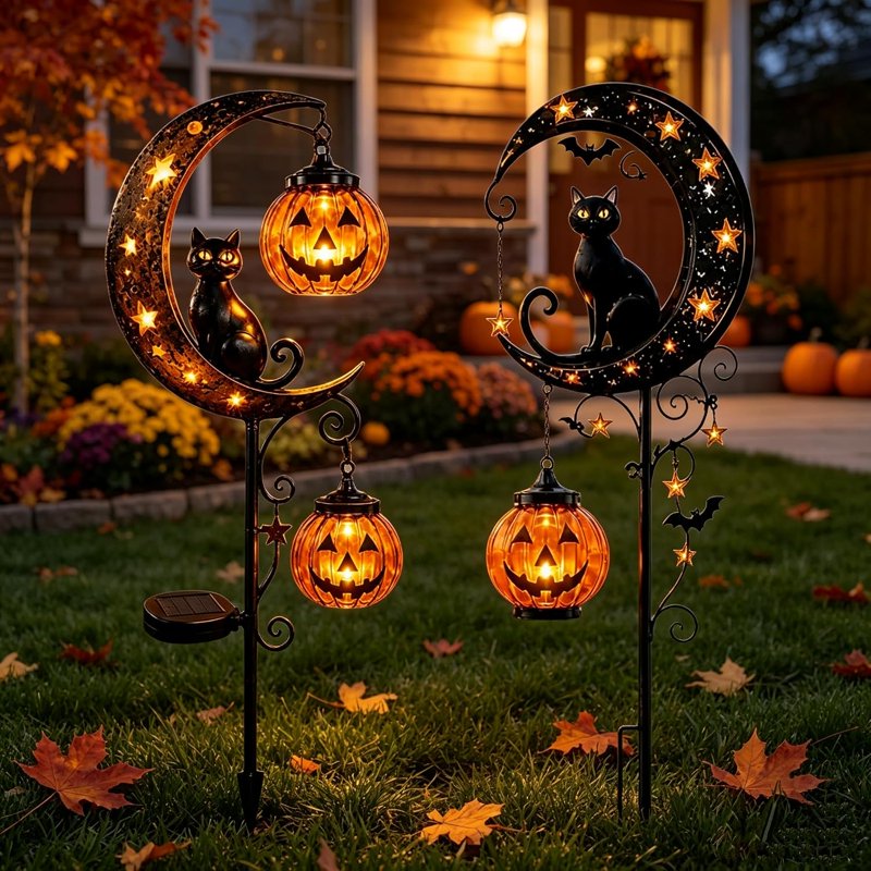 Solar Halloween Black Cat & Pumpkin Moon Garden Stake Light - Outdoor Waterproof Decoration with Crescent Moon - Variation A+C