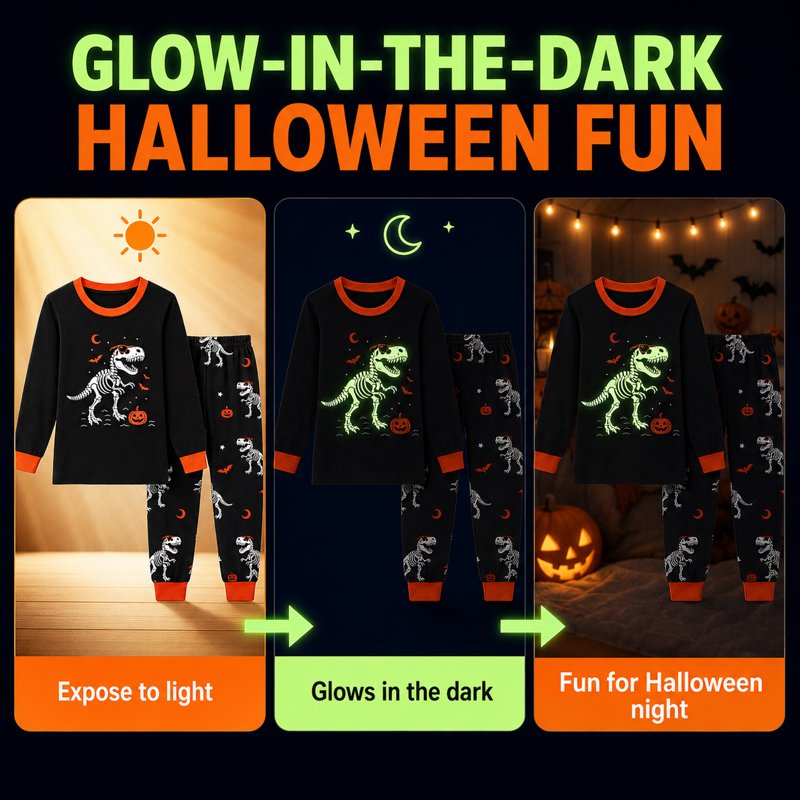 Dino Skeleton Pumpkin Kids Halloween Pajamas Set - Glow-in-the-Dark 2T