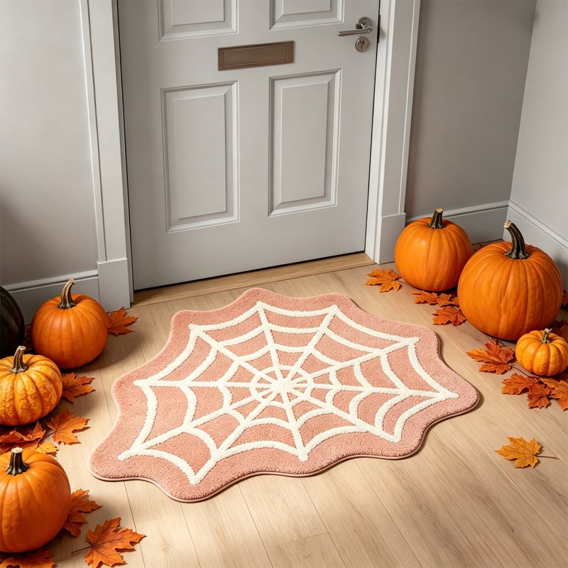 Beige Halloween Spiderweb Floor Mat - Non Slip Entryway & Bathroom Decor