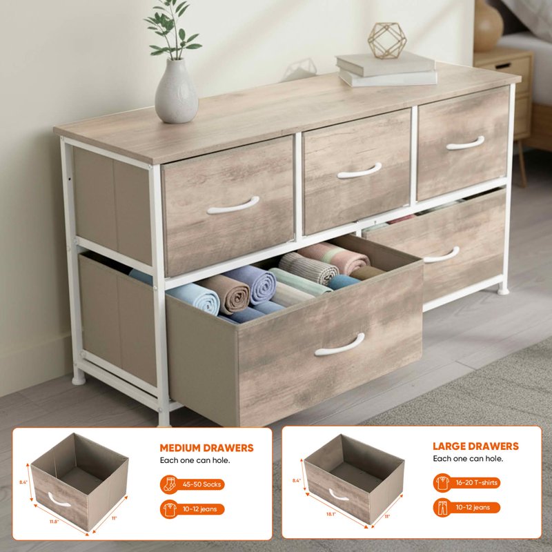 Fabric Drawer Nightstand with Wooden Top - 5 Drawer Oak