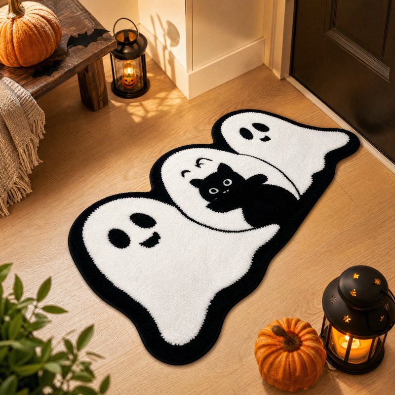 Halloween Door Mat 31.5x19.7in Ghost & Black Cat Crystal Velvet Welcome Indoor Rug - Variation of THIS listing