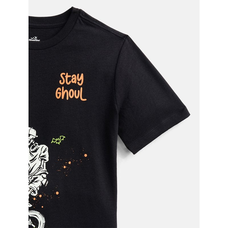 Halloween Boys Graphic Tee - Short Sleeve, Skeleton Design, Size 14-16, Black Soot