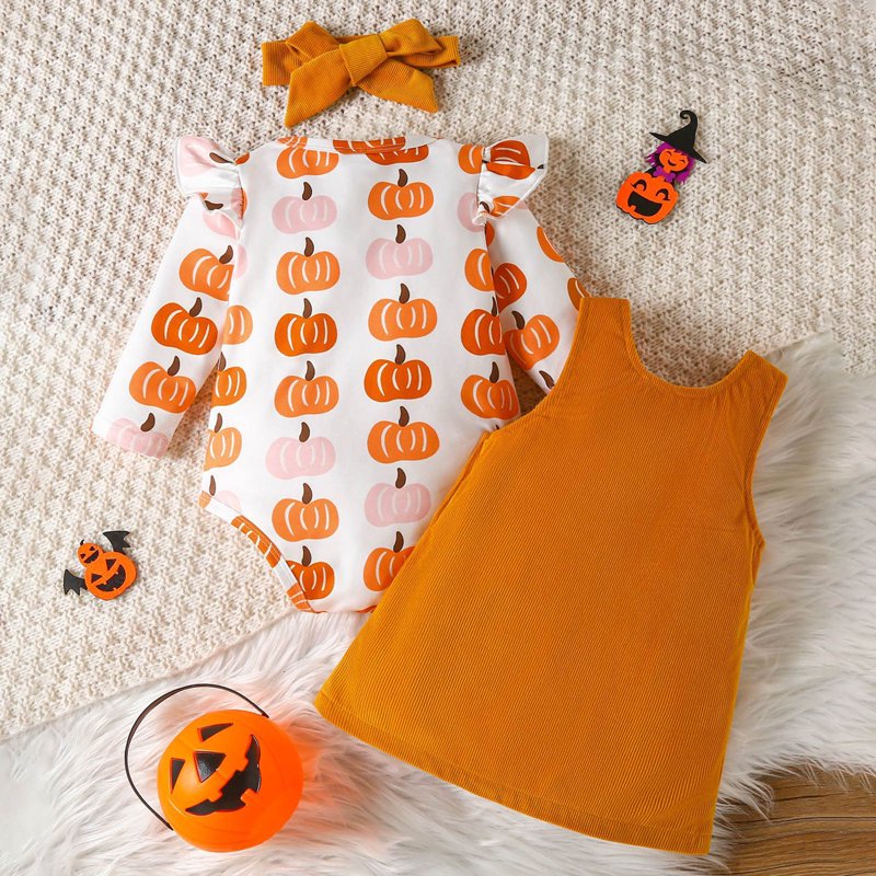 Baby Girl Halloween Pumpkin Romper & Headband Set - A12-Orange, 0-3 Months