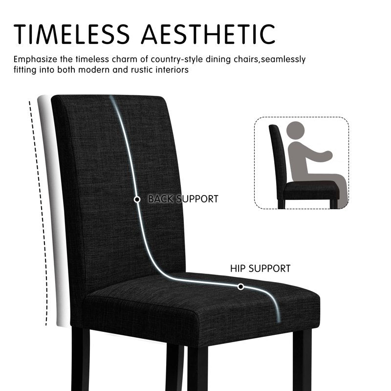 Set of 2 Linen Upholstered Dining Chairs with Solid Wood Legs - Black