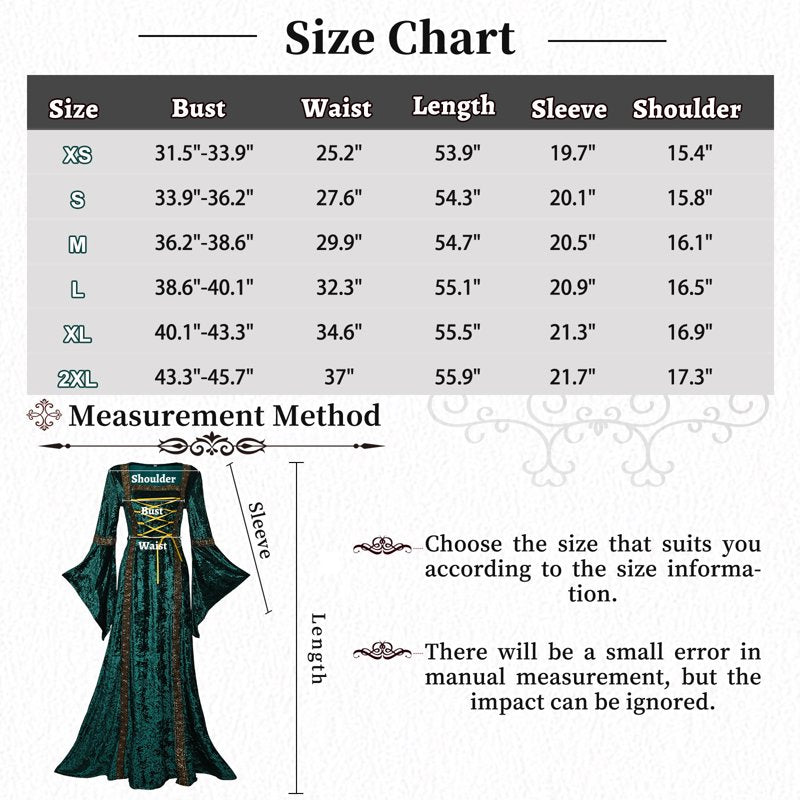 Medieval Renaissance Dress Women Velvet Costume - Green XL - Halloween Cosplay