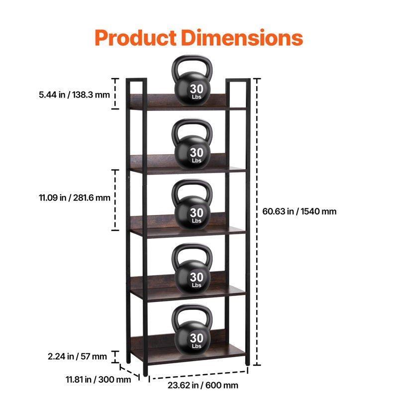 5-Tier Metal Bookcase - Industrial-Style Shelving Unit