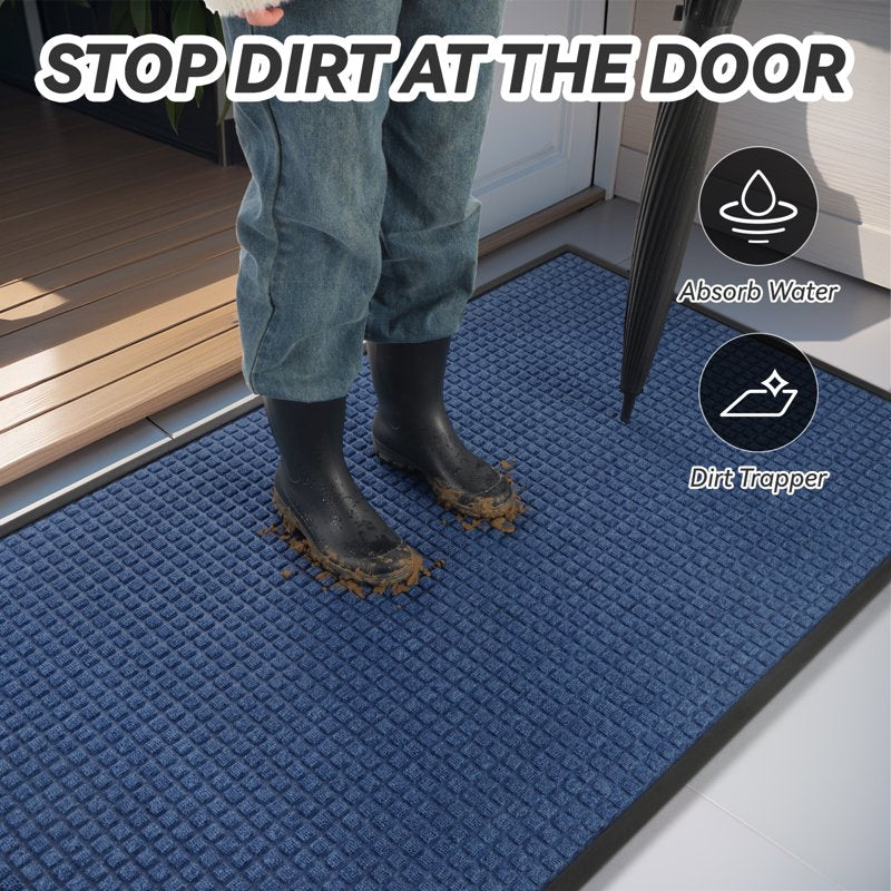 Outdoor Doormat Non Slip Rubber Welcome Mat 24x47 Checker Light Blue - Dirt Trapper
