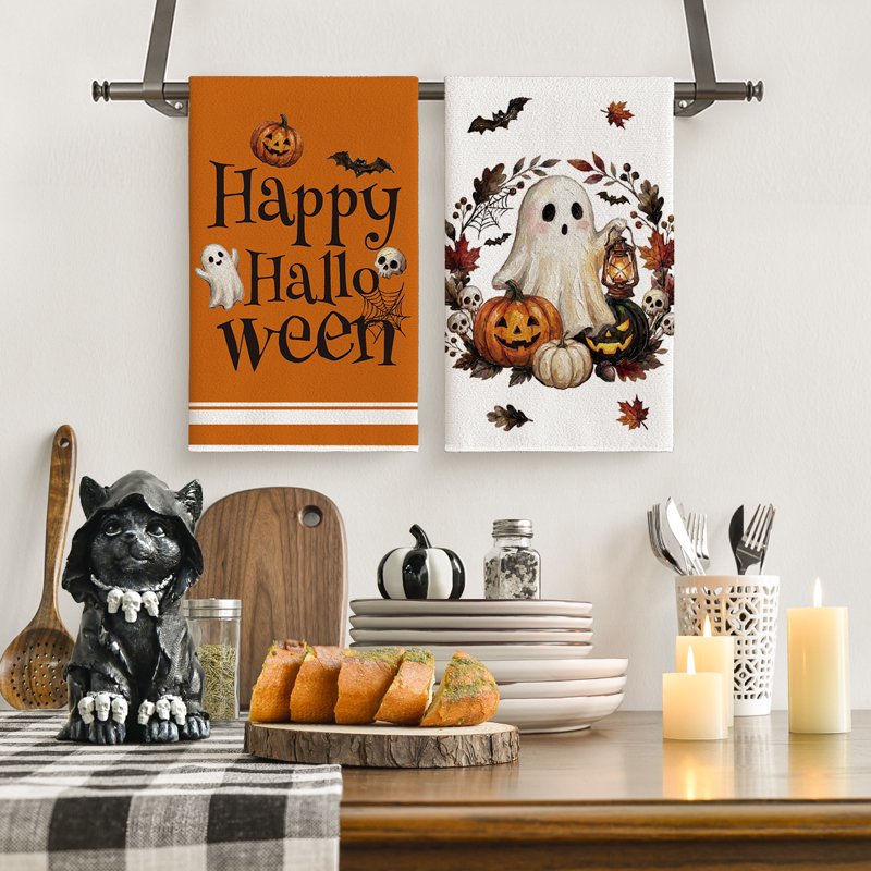 Halloween Kitchen Towels Set of 2 - Ghost and Pumpkin Bat 18x26 Inch Seasonal Dish Hand Towels - Farmhouse Decor