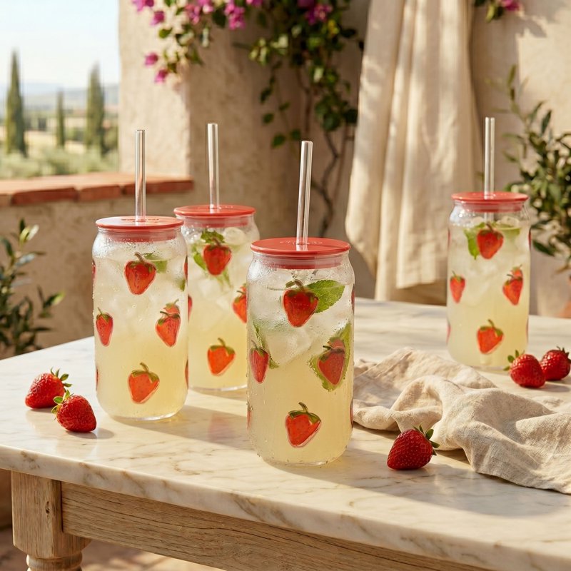 18oz Embossed Strawberry Can Sipper Tumbler with Straw Set - 4-Piece