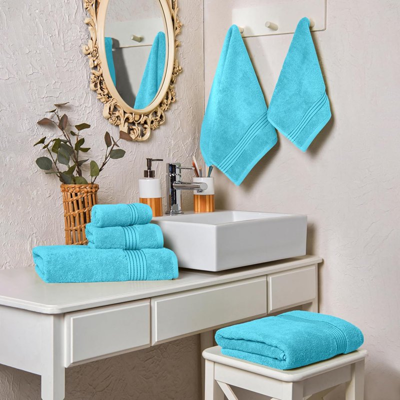 Aqua Turkish Cotton Towel Set - 6 Piece Bath & Hand Towels + Washcloths