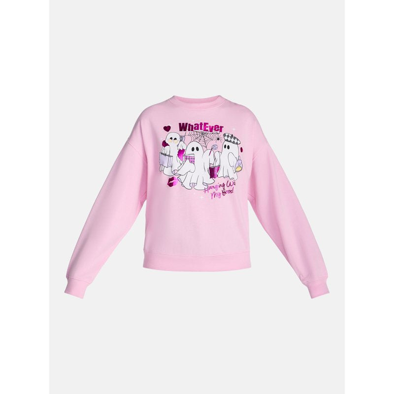 Pink Ghost Women's Halloween Graphic Crew Sweatshirt, Size M